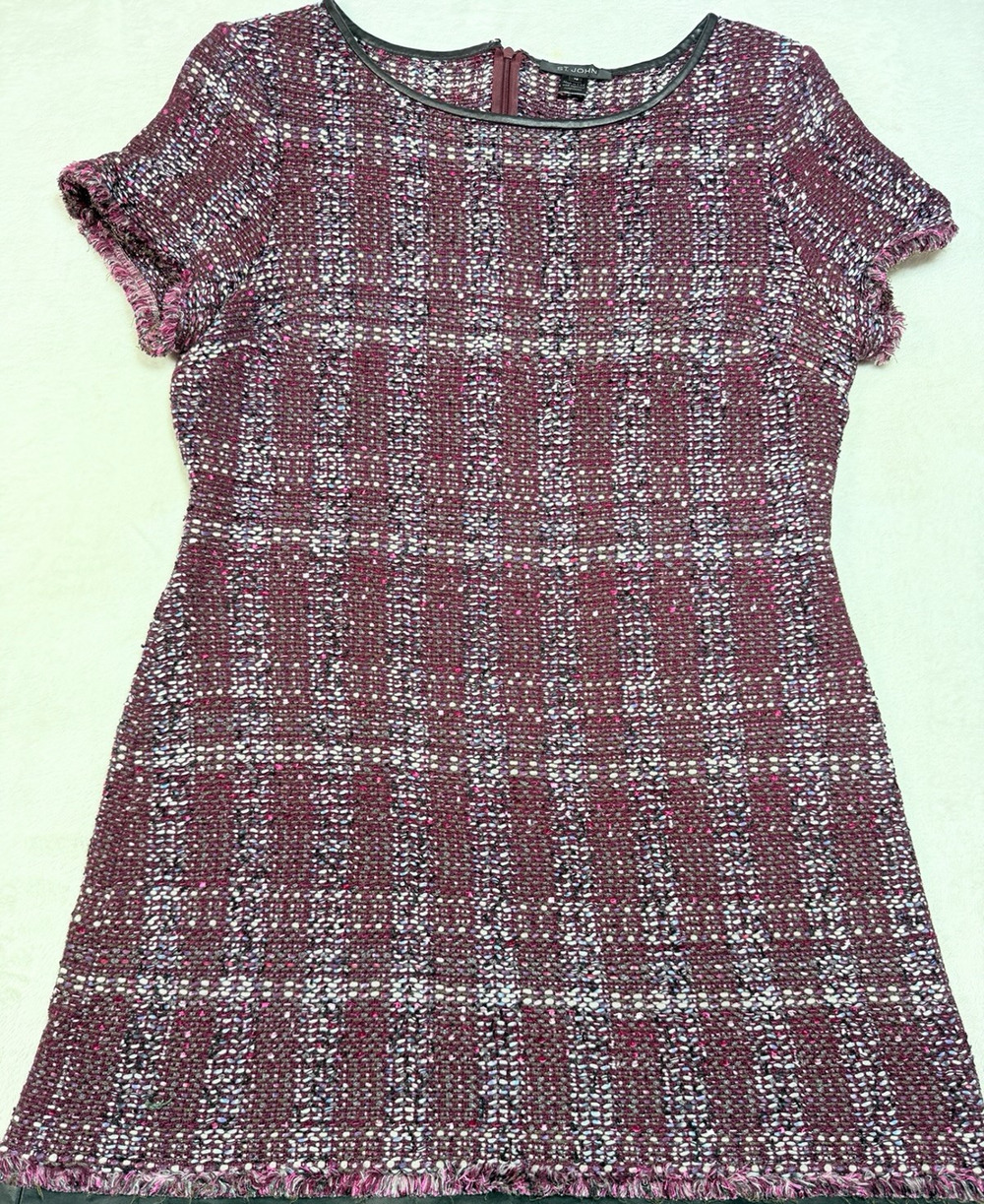 St John Leather Trim Wool Tweed Boucle Shift Dress Purple Old Money Luxe Sz 16